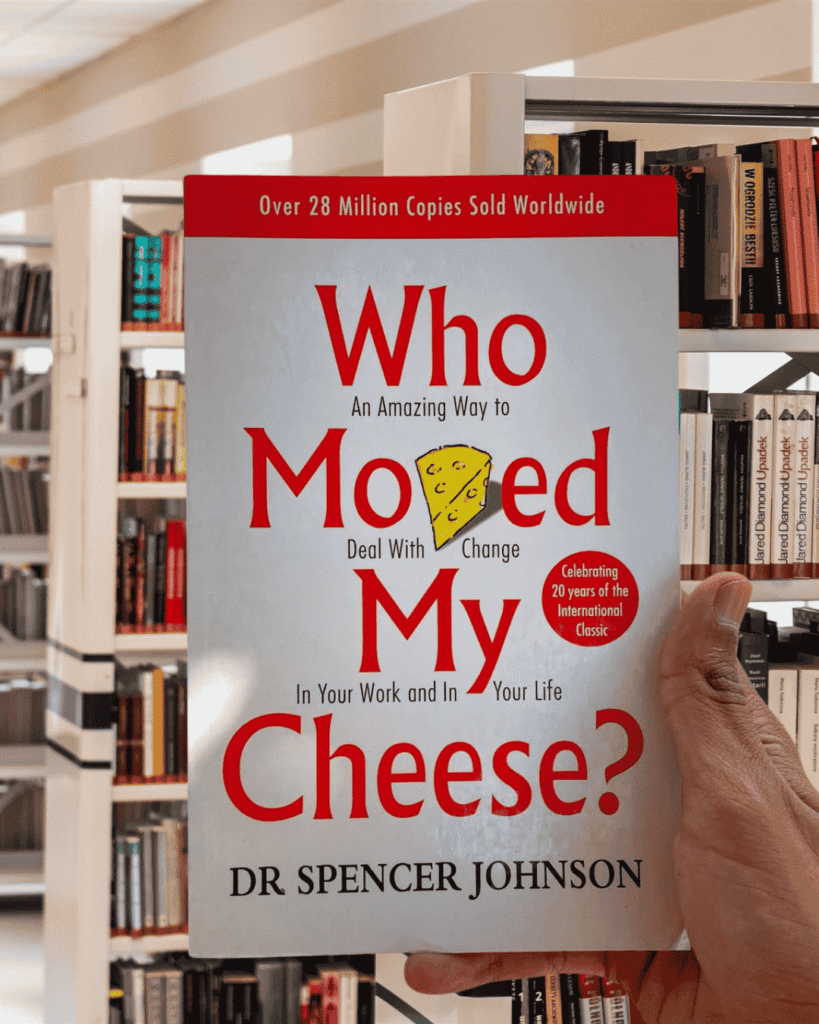 Colorful mind map visualization of Who Moved My Cheese? book showing 9 strategies for adapting to change and overcoming fear