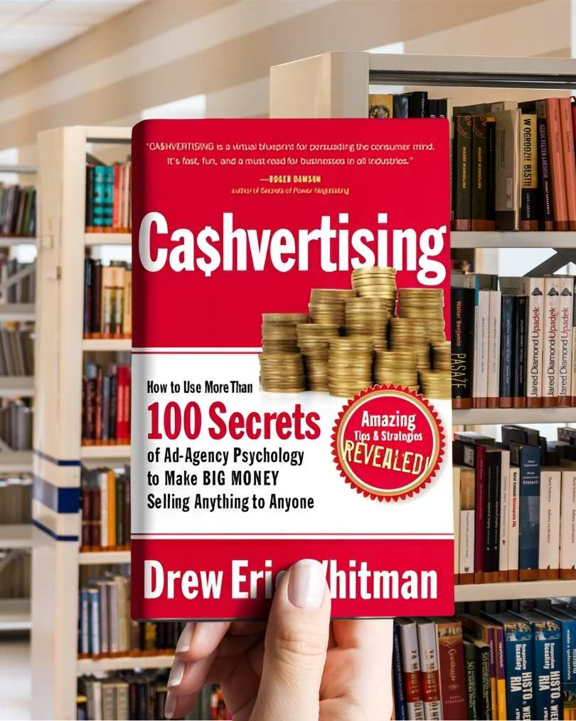Cover of Cashvertising by Drew Eric Whitman, featuring bold red and yellow text, designed to look like a high-energy marketing ad.