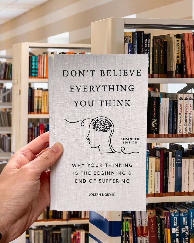 Cover of Don't Believe Everything You Think by Joseph Nguyen, featuring minimalist typography and a calming, reflective design.