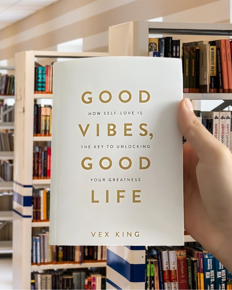 Cover of Good Vibes, Good Life by Vex King, featuring bold gold typography on a white background.