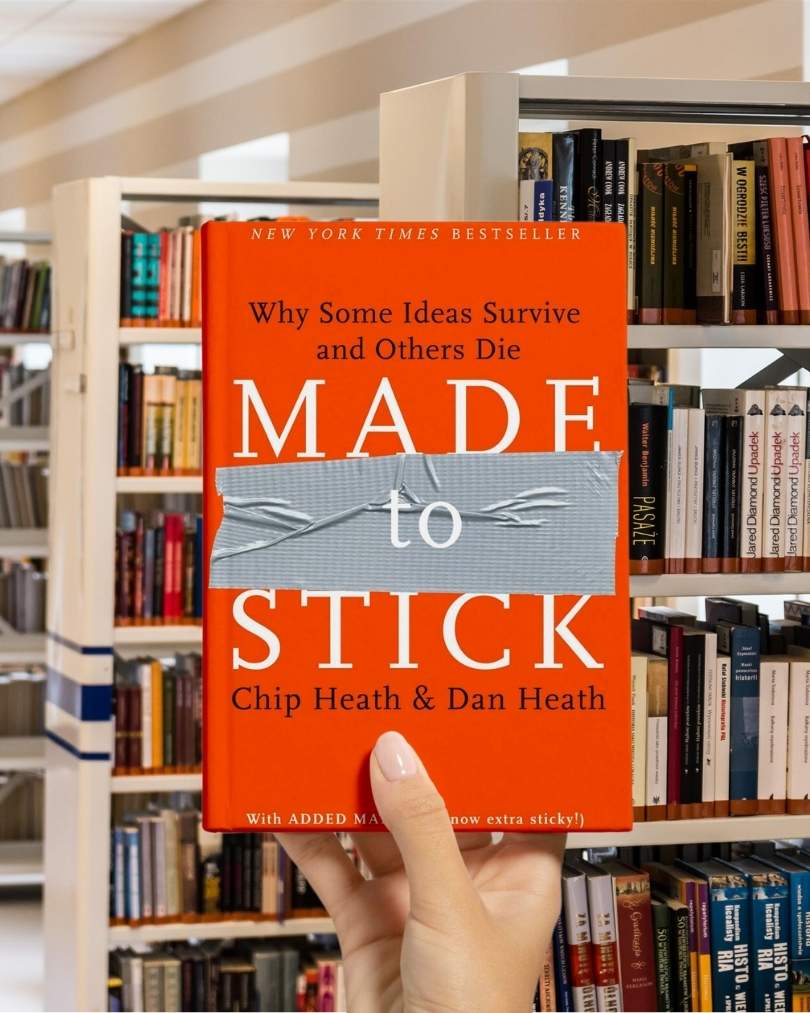 Cover of "Made to Stick" by Chip Heath and Dan Heath, with orange background and duct tape on the title.
