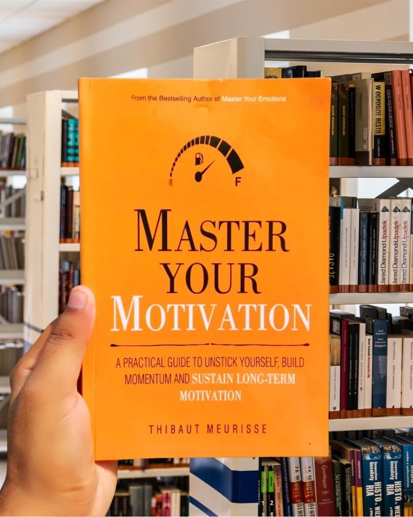 Cover of the book "Master Your Motivation" by Thibaut Meurisse, featuring a minimalist design with a fuel gauge pointing towards 'Full' and bold typography.