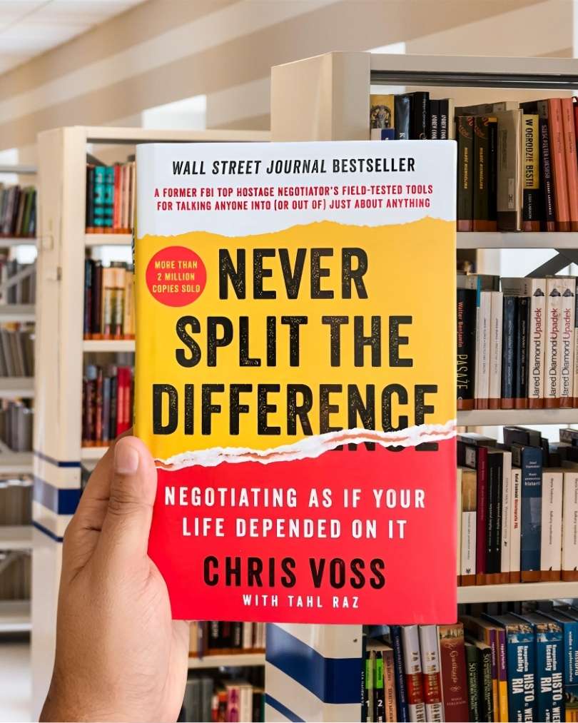 Cover of the book "Never Split the Difference" by Chris Voss, featuring bold red and yellow colors with large, distressed black title text.