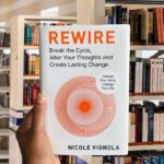 Cover of the book "Rewire" by Nicole Vignola, featuring a spiral pattern symbolizing neural pathways and brain transformation.