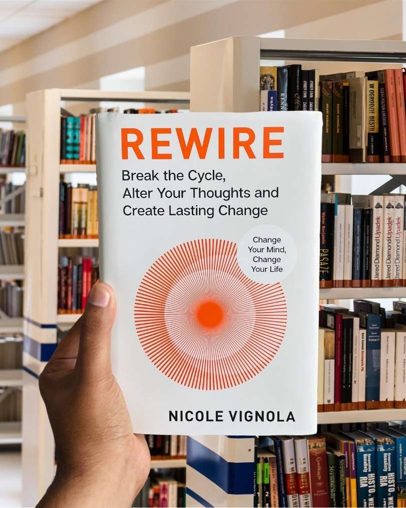 Cover of the book "Rewire" by Nicole Vignola, featuring a spiral pattern symbolizing neural pathways and brain transformation.