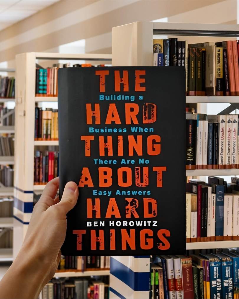 Cover of 'The Hard Thing About Hard Things' by Ben Horowitz with bold orange and white text on a black background.