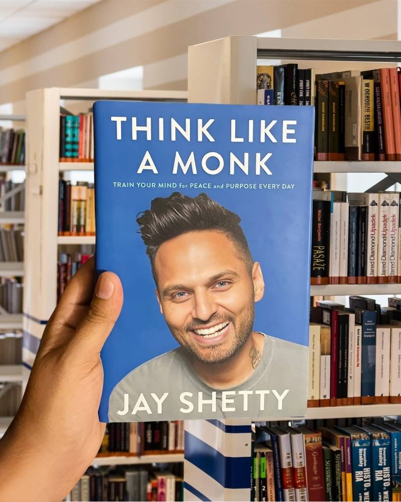 Cover of Think Like a Monk by Jay Shetty, featuring the author smiling with a blue background and bold title text.