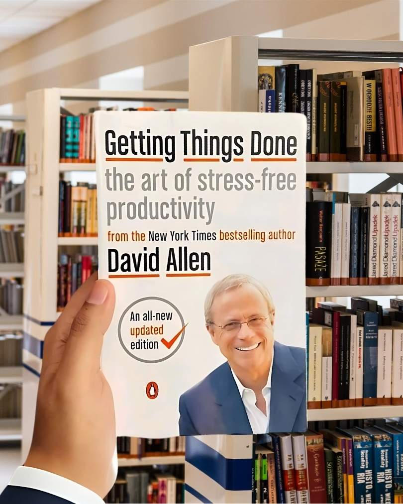 Cover of 'Getting Things Done' by David Allen featuring the author in a suit, smiling, with the book title in bold white letters.