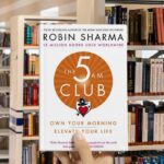 Cover of "The 5 AM Club" book by Robin Sharma, featuring a minimalist red and white design with a clock icon.