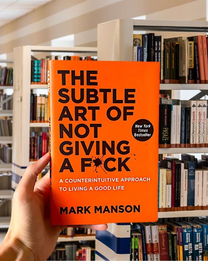 Cover of 'The Subtle Art of Not Giving a F*ck' by Mark Manson with bold orange background and black typography.