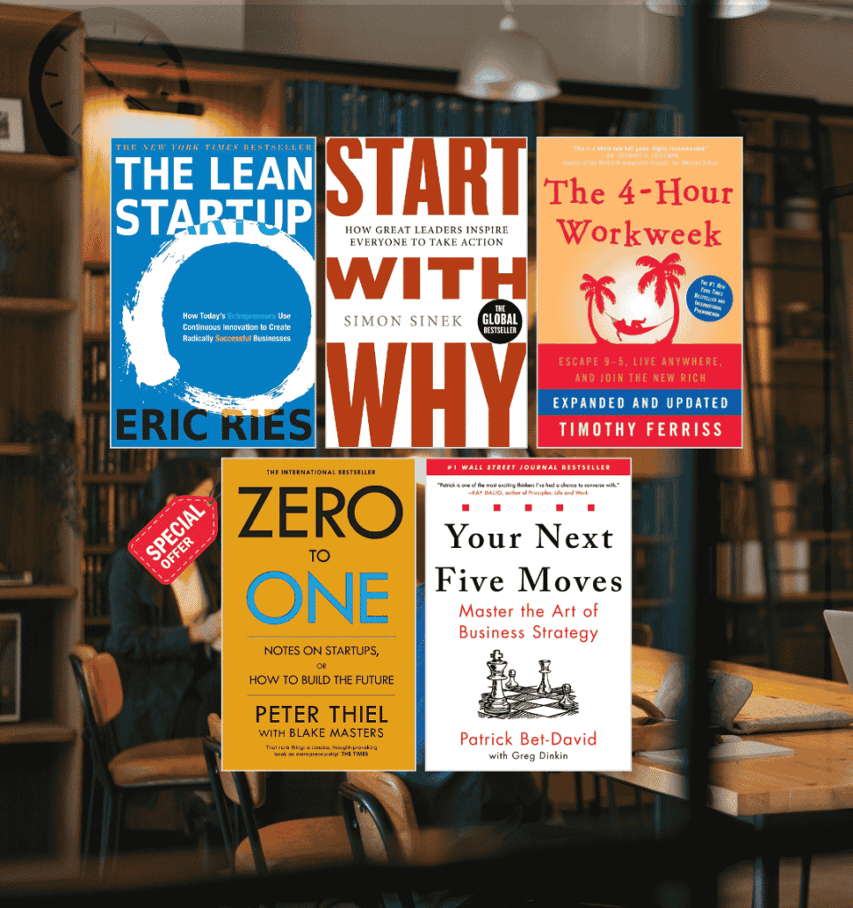 Bundle of five bestselling entrepreneurship books including "The Lean Startup," "Zero to One," "The 4-Hour Workweek," "Start With Why," and "Your Next Five Moves" — ideal for new or scaling business founders.