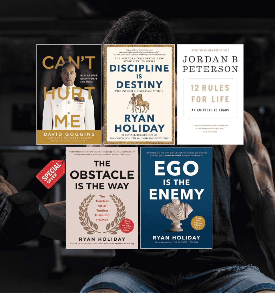 Bundle of five powerful mindset and resilience books including "Can’t Hurt Me," "The Obstacle Is the Way," "Ego Is the Enemy," "Discipline Is Destiny," and "12 Rules for Life" — for building grit, discipline, and mental strength.