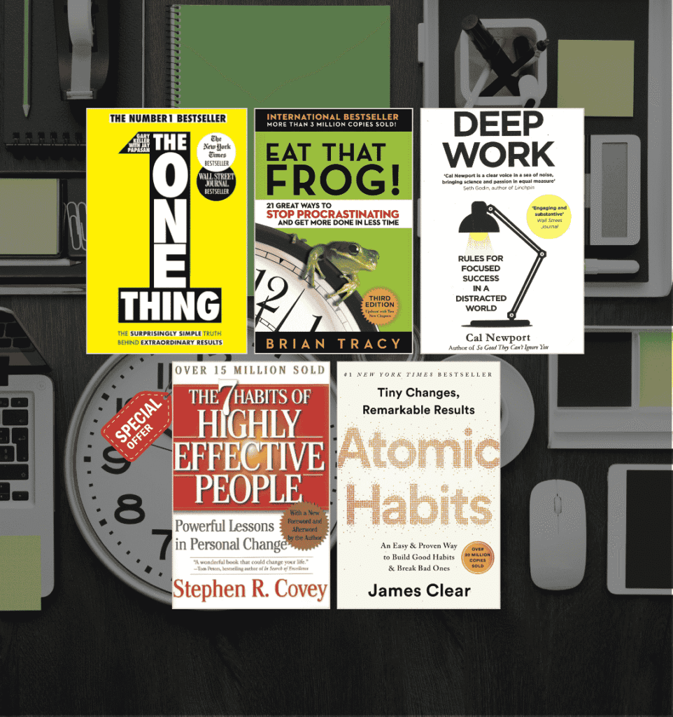 Bundle of five top productivity books including "Atomic Habits," "Deep Work," "The One Thing," "Eat That Frog," and "The 7 Habits of Highly Effective People" — perfect for maximizing focus and efficiency.