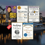 Bundle of five influential personal finance books including "Rich Dad Poor Dad," "Think and Grow Rich," "The Psychology of Money," "The Millionaire Next Door," and "Secrets of the Millionaire Mind" — for mastering money and building wealth.