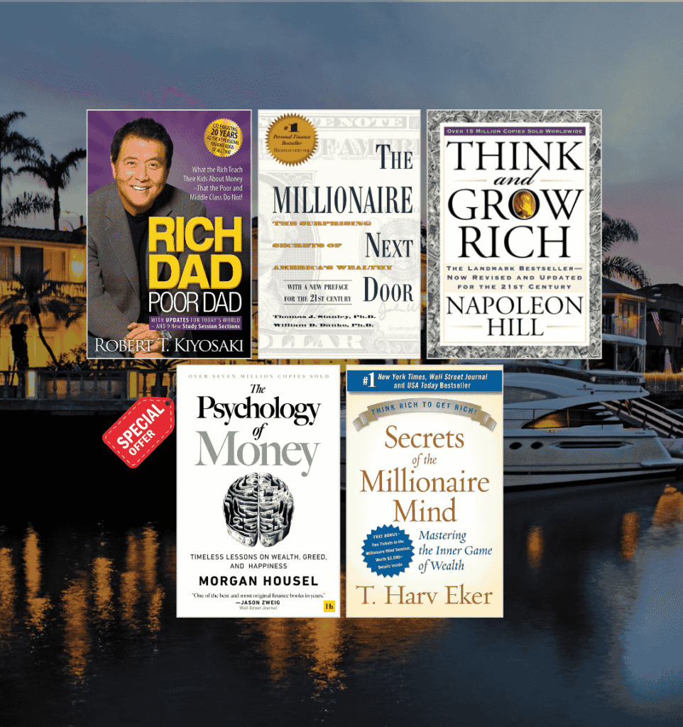 Bundle of five influential personal finance books including "Rich Dad Poor Dad," "Think and Grow Rich," "The Psychology of Money," "The Millionaire Next Door," and "Secrets of the Millionaire Mind" — for mastering money and building wealth.